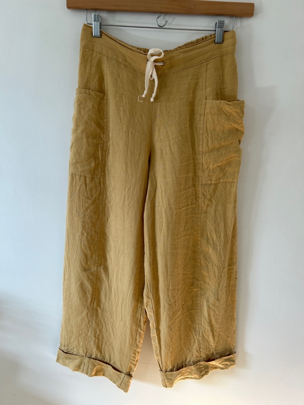 Flax Linen Wide-Leg Pants Women’s S Mustard Yellow Elastic Waist Beach Casual - Picture 16 of 16